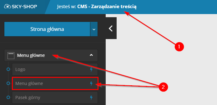 Selection of editing the main menu - CMS wizard edition in Sky- Shop.pl 